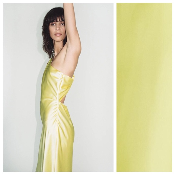 NWT. Zara Yellow Satin Effect Asymmetric Midi Dress. Size M. - Picture 3 of 13